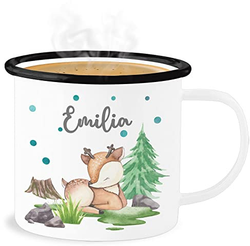 Emaille Becher Blechbecher - Reh mit Name personalisiert I Rehlein I Rehkitz I Waldtier - 300 ml - Weiß Schwarz - tier waldtiere tasse tiere personalisierte trinkbecher tieren personalisierter
