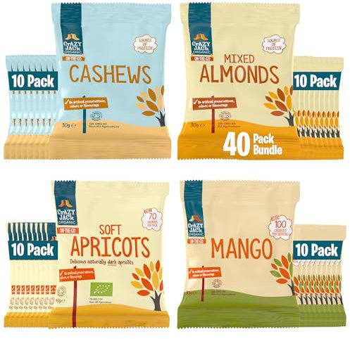 Crazy Jack Organic Fruit & Nut Snacking Bundle 40 x 30g–40g Snack Packs | Cashew Nuts, Mixed Almonds, Dried Mango & Soft Apricots | 100% Organic, No Added Sugar | Healthy Vegan Snack Variety Pack