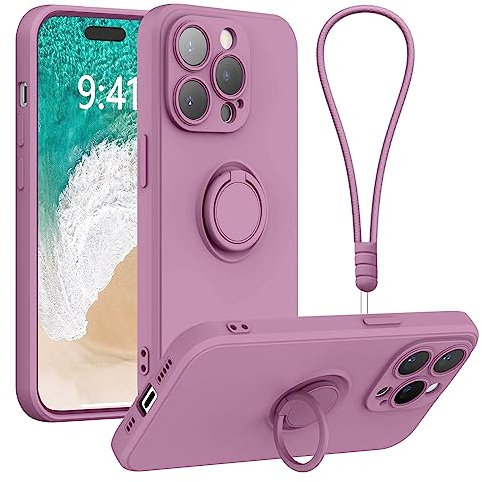 Galful Silicone Phone Case for iPhone 14 Pro with Wrist Strap Lanyard,Finger Ring Holder Magnet Car Holder Ultra Slim TPU Shockproof Protective Phone Case Cover for iPhone 14 Pro,Deep Purple