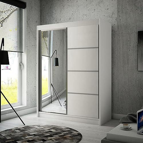 BEAUTY SOFA Mars Meble Armoire à Portes coulissantes Paco 200cm Armoire avec 2 Portes coulissantes Armoire avec Miroir Tringle à vêtements, Largeur : 200 cm, Couleur : Blanc
