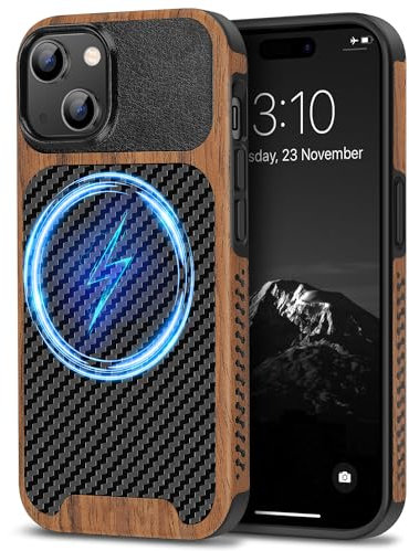 TENDLIN Magnetische Schutzhülle Kompatibel mit iPhone 15 Plus Hülle Holz und Carbon Textur Design Leder Hybrid Handyhülle (kompatibel mit MagSafe) Schwarz
