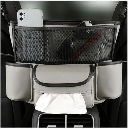 JNNJ Auto Organizer Zwischen Vordersitzen, Aufbewahrungstasche für Autositze-Rücksitz, Auto Großem Fassungsvermögen PU Leder Handtaschen für Getränke Telefon(Grau)