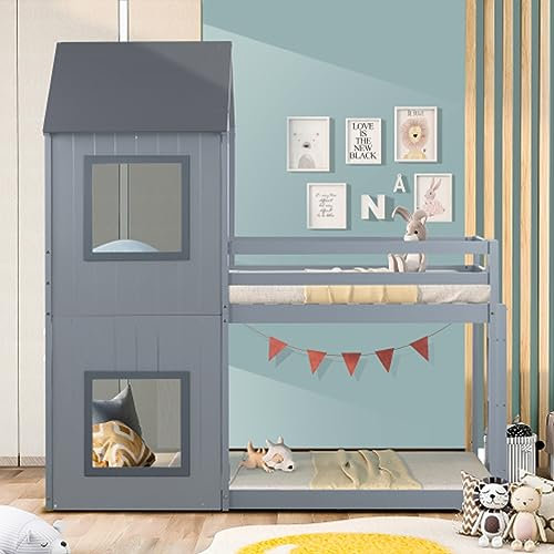 Tcewhhy Kinderbett Mit Leiter Und Baldachin Etagenbett 90x200 cm Hausbett Für Mädchen Und Jungen Bodenbett Massivholz Hochbett Für Kinderzimmer Jugendbett Mit Absturzsicherung Grau