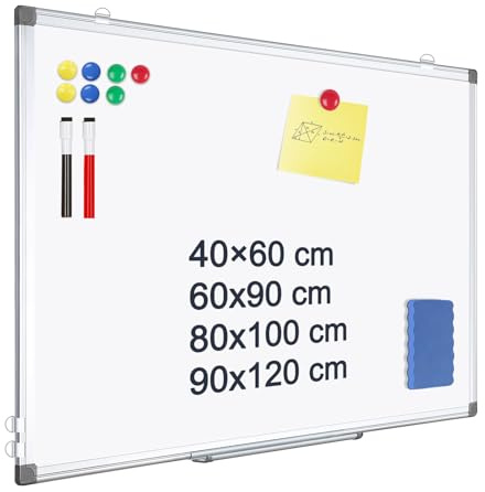 QUEENLINK Magnetic Whiteboard, 90 X 120 cm Large White Board for Wall, Aluminum Frame Dry Erase Board for Office with Pen Tray