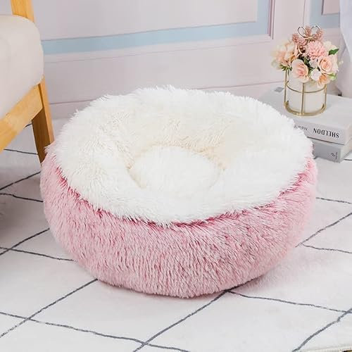 Yuly Panier Chat Moelleux,Lit Chats,Coussin Apaisant pour Chat,Panier pour Kitty and Puppy,Antidérapant,améliorer Le Sommeil,Rond et Peluche Lit Chien Lavable(Rose)
