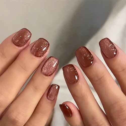 24pcs Short Square Cat Eye Press on Nails - Brown Glitter Stick-on Full Cover Fake Nails for Women and Girls - Removable Glue-on Nail Art Accessories