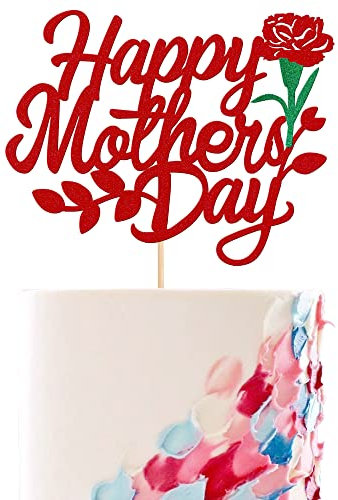 SYKYCTCY 1 Pack Happy Mother's Day Cake Topper Glitter Heart Love You Mom Cake Pick for Mother's Day Party Rose Flower Mom Cake Decoration Red