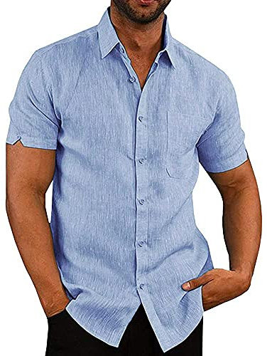 Glacspyg Camisa de Lino Hombres Camisa de Lino de Manga Corta Camisa de Trabajo Camisa Casual Calce Casual Vacaciones Verano Playa Camisa Azul Cielo XL