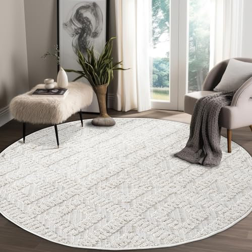 payé Teppich Rund - 200x200cm - Boho - Beige - 3D-Optik Modern Raute Muster - Frasen-Teppiche - Wohnteppich Deko