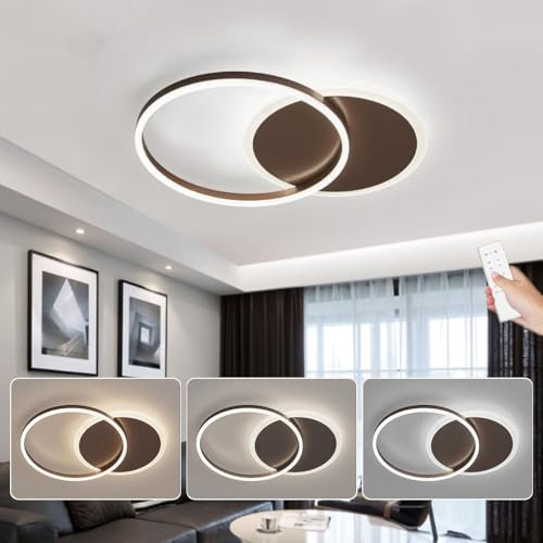LED Deckenleuchte, Dimmbar Deckenlampe, Modern Wohnzimmerlampe, Kreative Geometrische Runde Led Lampen Deckenlampen, Aluminium Deckenlampe Led für Schlafzimmer Wohnzimmer Büro (2 Ringe Brown, 55CM)