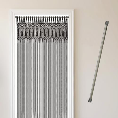 Cozyor Makramee Boho Vorhang + Klemmstange 70-120 cm ohne Bohren Türvorhang 132x200cm Fenstervorhang Raumtrenner, Wandbehang & Deko schwarz Silber, Handmade