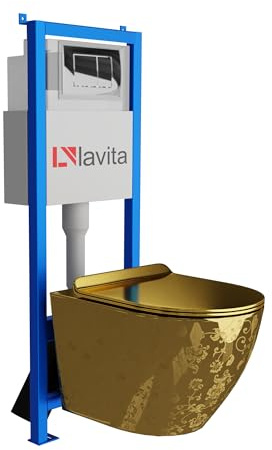 Lavita LAV 101 Vorwandelement für WC 40cm + Wand Hänge Tiefspül WC SOFI SLIM GOLDEN EYE Spülrandlos + Bedienplatte LAV 200.1.2 Verchromt | Komplettset | Unterputz Spülkasten | Toilette Komplett Sett