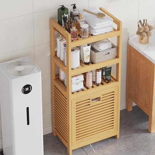 Meuble de salle de bain en bambou avec panier à linge et étagère de rangement en bois pour salle de bain et buanderie