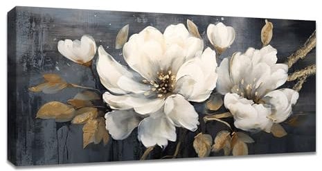 Mit Rahmen Großes Leinwandbilder Wandbilder, Weinlese Grau Weiße Blumen Abstrakt bild auf leinwand Wandkunst Modern XXL Kunstdruck Deko für Wohnzimmer Schlafzimmer fertig zum Aufhängen 120x50cm