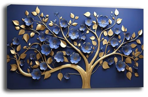 Quadro Moderno ALBERO della VITA Astratto Blu oro gold Quadri moderni soggiorno da Parete Stampa su tela Canvas Decorazione Murale muro Arredo Camera da letto Salone (5, 40x70 cm)