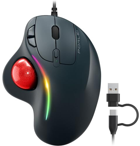 Kabelgebundene Trackball-Maus, ergonomische Daumensteuerung, USB-C & USB-A | Ganztägiger Komfort, präzises Tracking auf engstem Raum, 34-mm-Trackball, RGB-Beleuchtung, Plug-and-Play
