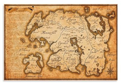 Tamriel Skyrim Gaming-Karte für Jungen, Wohnheim-Poster, dekorative Malerei, Leinwand, Wandkunst, Wohnzimmer-Dekor-Poster, 60 x 90 cm
