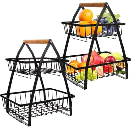 Oungy 2 Pack 2 Tier Fruit Basket, Black Fruit Bowl Holder Bread Basket Vegetable Rack, Detachable Stainless Steel Fruit Basket with Wooden Handle for Table, Kitchen, Office