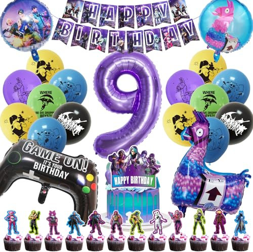 Fortnit Geburtstagsdeko 9 Jahre Junge, 51 Stück Gaming Party Geburtstag Deko, Fortnit Luftballon 9. Geburtstag Junge Set, 3D Lila Luftballons Fortnit Gamer Geburtstagsdeko für Kinder (9 Jahre)