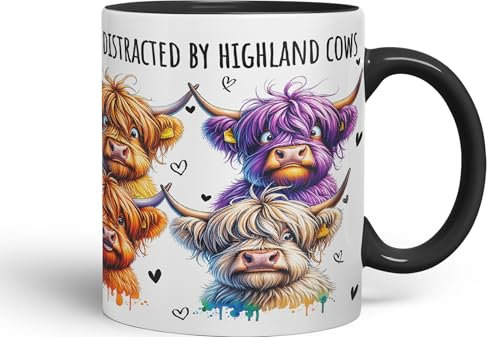 Vixar Easily Distracted by Highland Cows Scottish Farm Animals Ceramic Coloured Mug Cup for Tea Coffee Hot Brew 330ml 11Oz Gift (Black)