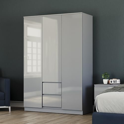 Vida Designs Glinton High Gloss 3 Door 2 Drawer Wardrobe Bedroom Storage Organiser with Hanging Rail Modern Furniture 100% FSC Certified (Grey, 3 Door 2 Drawer)