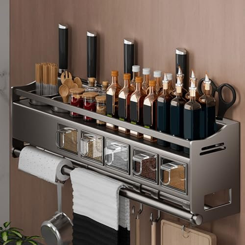 Giural Gewürzregal Wand, Hängend Küchenregal Gewürzregal aus Metall, Gewürz Organizer, Küchen Organizer, Ohne Bohren Spice Rack mit Besteckhalter, Papierhandtuchhalter, Haken, Messerhalter,59cm