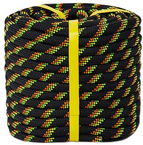 Double Braided Arborist Rope -1/2 Inch x 200 Feet Polyester Rope- High Strength Climbing Rope for Tree Work, Halyard, Sailing(Black/Green/Orange)