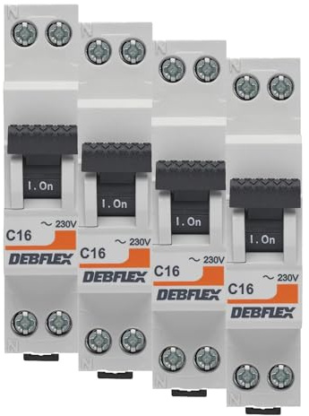 DEBFLEX - Disjoncteur 16A Phase + Neutre 3KA - Module Coupe-Circuit - Certifié NF - Installation dans Tableau Electrique - Gris (Lot de 4)