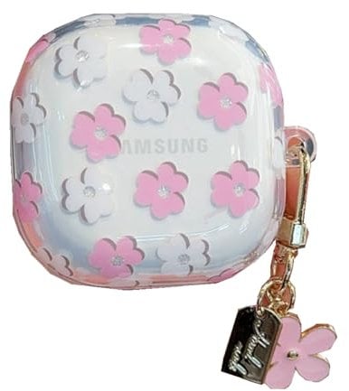 GULVQYF for Samsung Galaxy Buds FE Case with Chain,Clear Flower Pattern Shockproof Protective Cover for Galaxy Buds 2 Pro/2/Pro/live (pink)