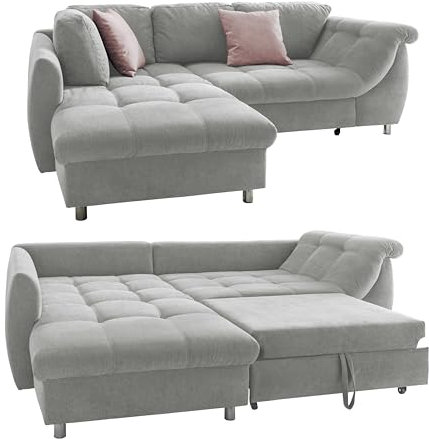 Ecksofa mit Schlaffunktion und Bettkasten B250/T190/H84 cm, Wellenunterfederung und Komfortschaum, Longchair Ottomane links, Bezug Mikrofaser in Grau, 2 Zierkissen Rosé / 17002
