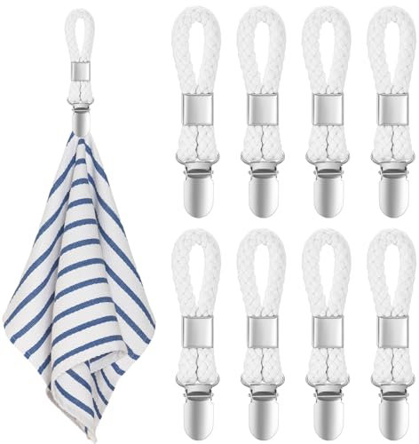 XIANGPICA 8 Stück Handtuch Clips zum Aufhängen, Handtuchclips mit Schlaufen, Handtuch Klammer, Haken für Handtücher, Geschirrtuch Handtuchhalter Clips (Weiß)