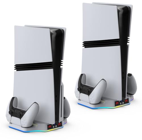 Support Vertical PS5 Pro/Slim avec Station de Charge pour Manette et Ventilateur à 3 Niveaux - Chargement Simultané de Trois Appareils
