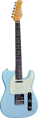 EKO GUITARS - VT380 V-NOS E-Gitarre Serie Tribute V-NOS, Korpus aus Paulownia, Ahornhals, Griffbrett aus Harz, Zwei Single-Coil Pickups, 3-Wege Lautstärke- und Tonregler, Farbe Daphne Blue
