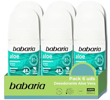 Babaria Roll-On Aloe Vera Deodorant für Damen, Herren, Kinder und Erwachsene, feuchtigkeitsspendend, 48h-Schutz, 100% vegan, 6 Stück