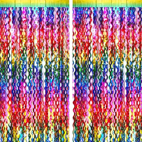G2PLUS 2PCS Wavy Rainbow Tinsel Curtains, 1m x 2m Foil Curtain | Foil Fringe Curtain, Party Backdrop Streamers for Birthday, Pride Decorations,Wedding