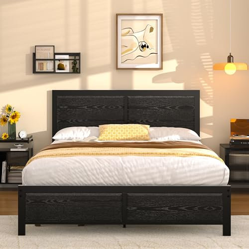 VECELO Bettgestell 140 x 200 cm, Metallbett mit Dick Holzkopfteil und Lattenrost, Doppelbett mit Stauraum unter dem Bett, perfekt für Schlafzimmer, Schwarz