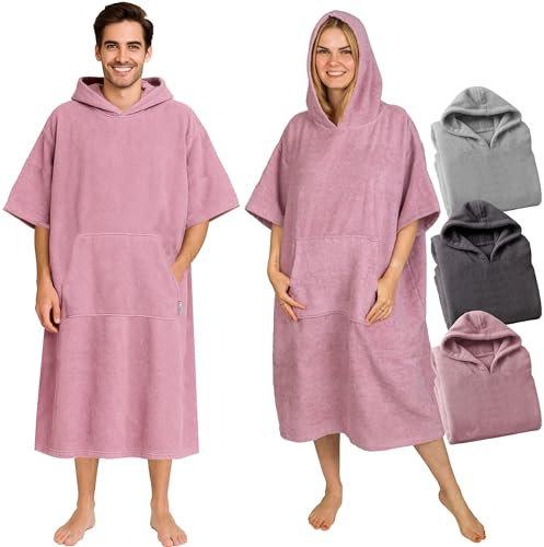 CalmyBEACH Frottee Badeponcho Damen Herren - Strandponcho 100% Baumwolle Surf Poncho Erwachsene Handtuch Kapuze Bade Surfponcho Bademantel (Altrose, S/M)