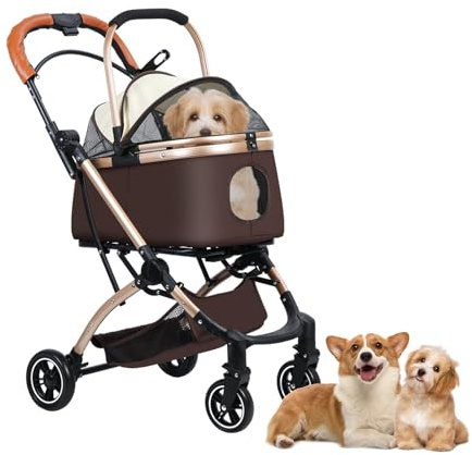 Hundewagen Jogger, klappbar für kleine Hunde & Katzen bis 10 kg, Katzenbuggy mit 4 Gummirädern, Netzfenstern, Aufbewahrungskorb, abnehmbarer Tragekorb (Weiß)