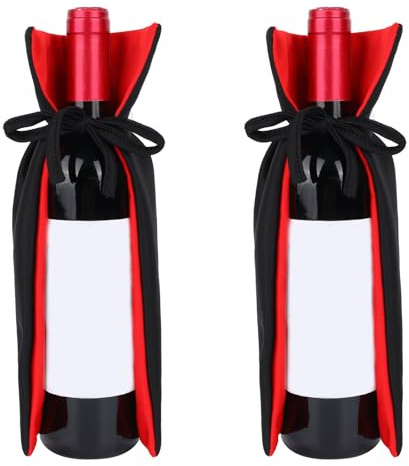 2pcs Halloween Wine Bottle Covers, Knitted Fabric Vampire Cape Bottle Decoration Halloween Party Decorations Home Decor & Themed Events (Black and Red)