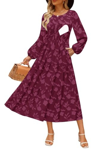CzzzyL Women's Nursing Dresses Fall Boho Floral Maxi Dress Breastfeeding Long Sleeve Crewneck Wedding Guest with Pockets