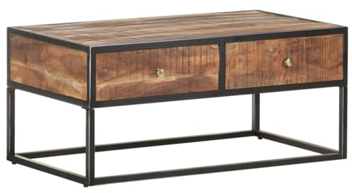 QJBSAVVA Couchtisch 90x50x40 cm Akazienholz rustikal mit 2 Schubladen Industrie-Design massiv Eisenbeine Robust & Stilvoll für Wohnzimmer Esszimmer Büro