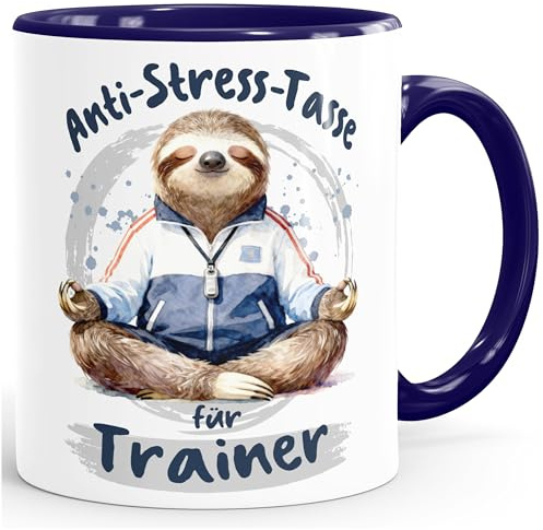 MoonWorks® Kaffee-Tasse Geschenk Trainer Anti Stress Bürotasse Faultier Lustig Arbeit Job Keramikbecher Weiss-innen-navy standard