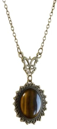 OATHCAF Vintage Tigerauge Halskette Antik Bronze Filigran Anhänger Schmuck Verziert Kette Accessoires für Frauen Oval Edelstein Geschenke Anhänger