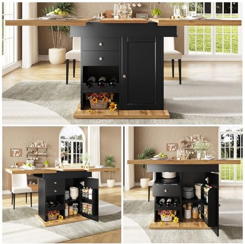 YEHTOKHOME Table à Manger Extensible 4-6 Personnes, Table de Cuisine Rectangulaire avec Rangement, Tiroir et 3 Cave à vin, Étagères Réglables, pour Petits Espaces, 110-140x80 cm (A-Noir)