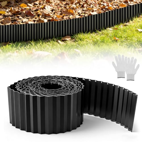 Dibaful 10m Rasenkante Metall Flexibel Beeteinfassung aus Stahl Verzinkter | Beetumrandung Beetbegrenzung Lawn Edging Flexible Rasenkanten für Beetumrandungen Gartenumrandung 15cm Höhe Schwarz
