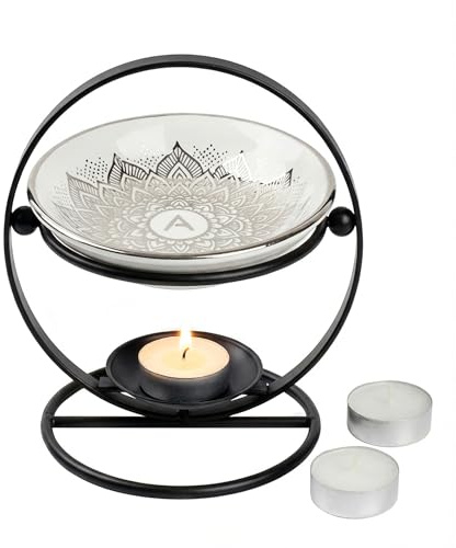 Aromalampe Keramik mit Metallständer Schwarz – Duftlampe für Duftöl & Duftwachs, Teelicht Duftbrenner, Mandala Design, Aromatherapie, Meditation & Yoga Deko – Aromaholik Medito