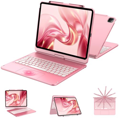LKV iPad Pro 13 inch Keyboard Case with Bluetooth keyboard(M4/M5/2024/2025) | Ipad Pro 13 inch case 360°Flip Hard-shell 7 Mode Backlight Pencil Holder Trackpad Automatic wake-up Sleep function, Rose Gold