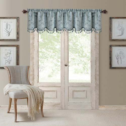 Elrene Home Fashions Mia Jacquard Scroll Blackout Single Window Valance, 19.00 x 52.00, Blue