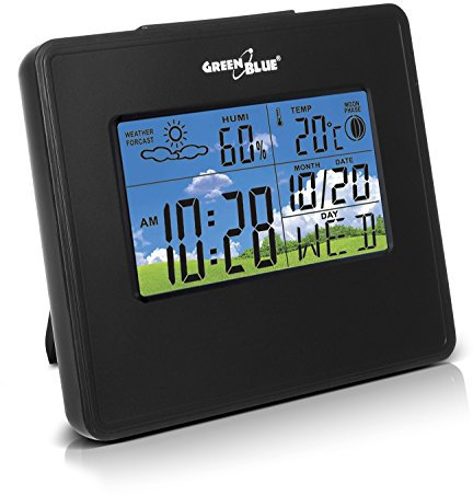 GreenBlue GB148 Station météo avec fonction d'alarme Prévisions météo Date Température Réveil Affichage de l'humidité Affichage de la phase lunaire (NOIR)