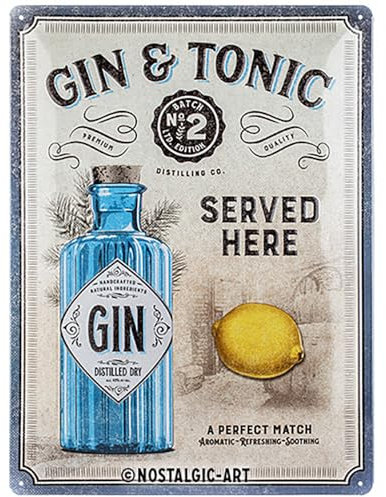 Nostalgic-Art Retro Blechschild, 30 x 40 cm, Gin & Tonic Served Here – Geschenk-Idee als Bar-Zubehör, aus Metall, Vintage Design, Blechschilder Sprüche